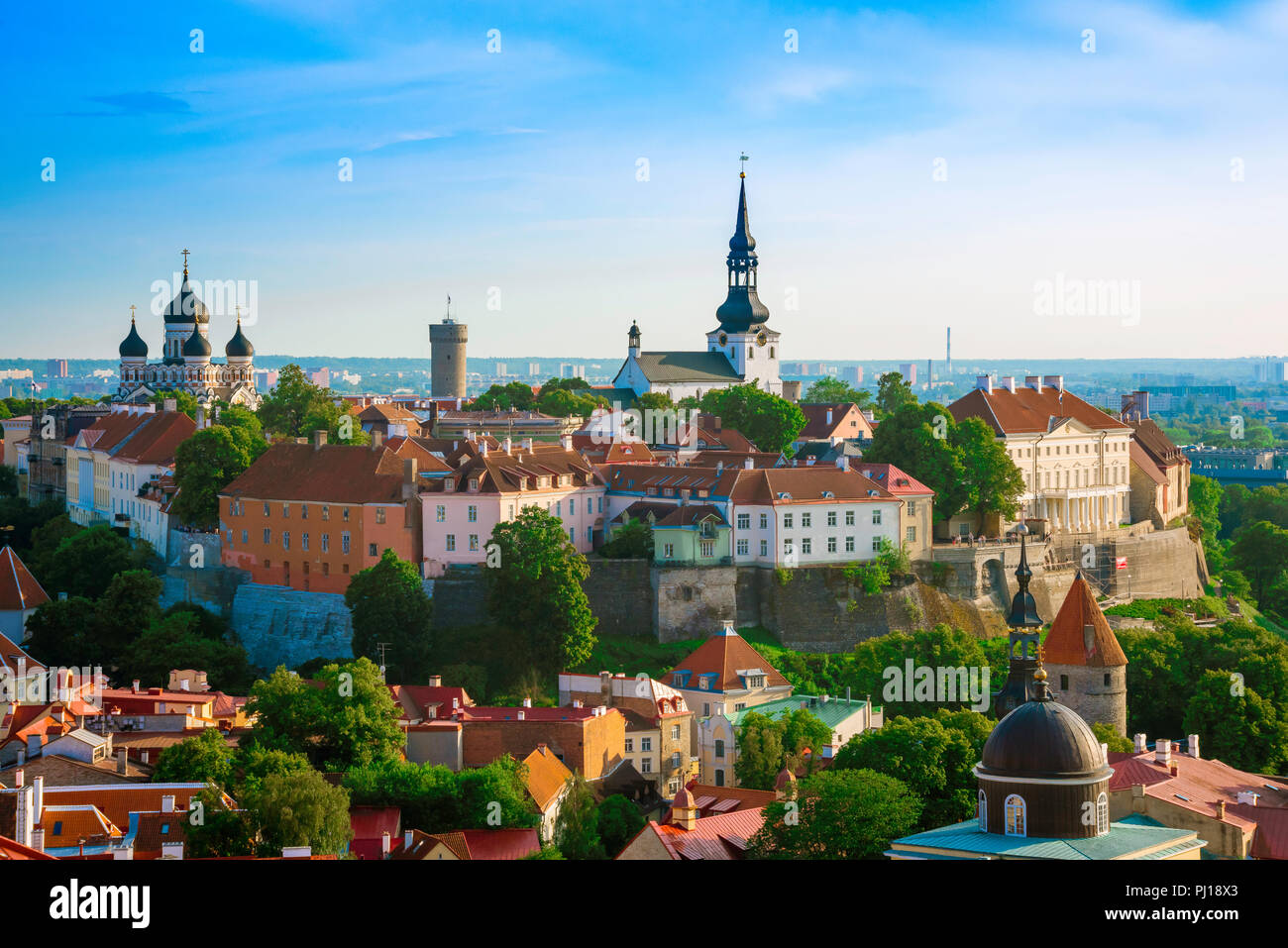 Tallinn old town, view in summer towards the historic old town district of Toompea Hill with its two cathedrals shown on the skyline, Tallinn Estonia Stock Photo