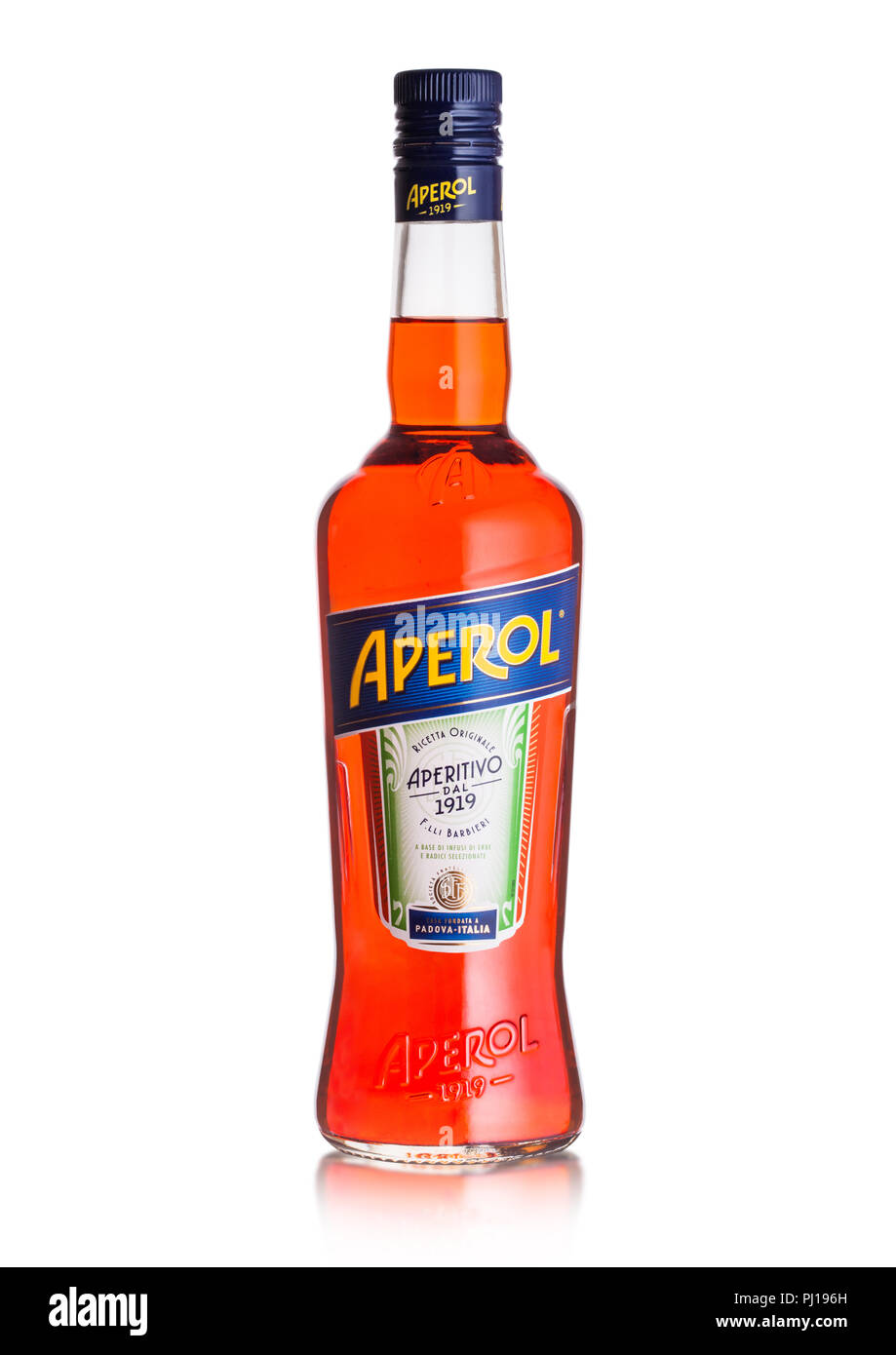 LONDON, UK - SEPTEMBER 03, 2018: Bottle of Aperol Aperitivo summer cocktail drink on white background. Stock Photo