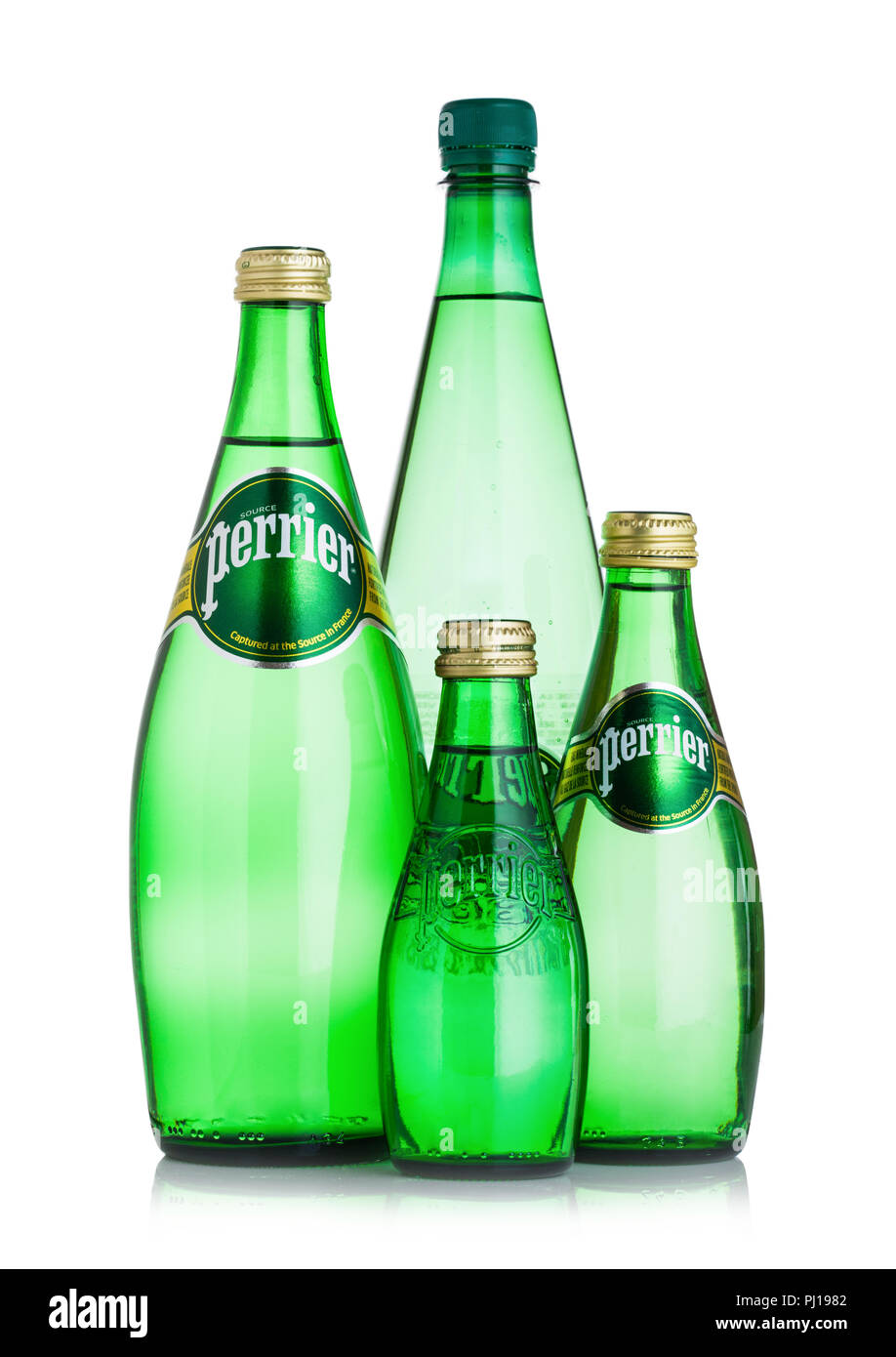 LONDON, UK SEPTEMBER 03, 2018 Bottles of Perrier sparkling water