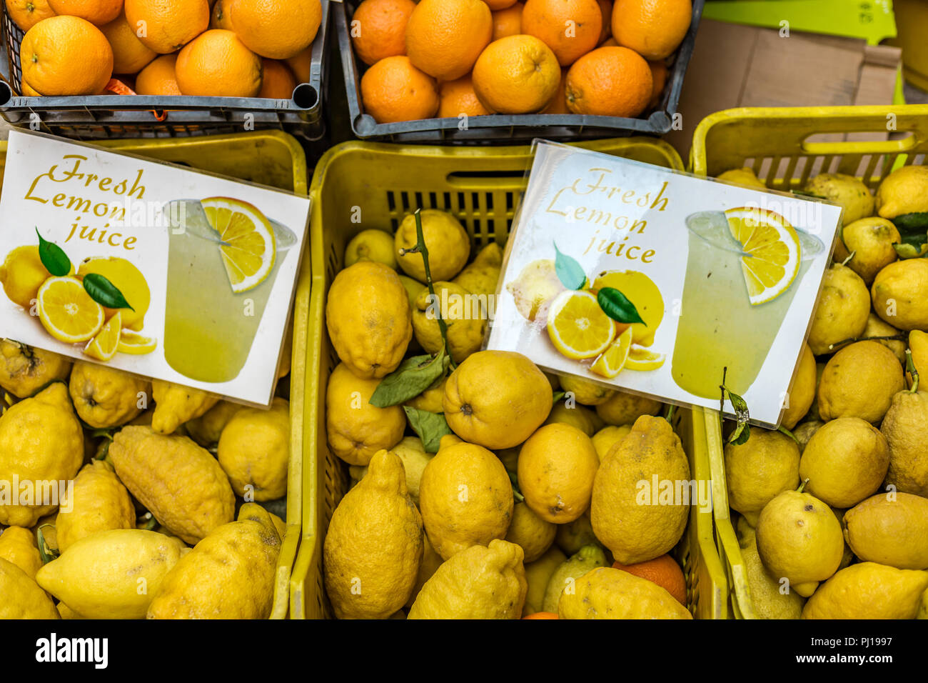 AMALFI (SA), ITALY - AUGUST 29, 2018: Amalfi Lemons and oranges on sale Stock Photo