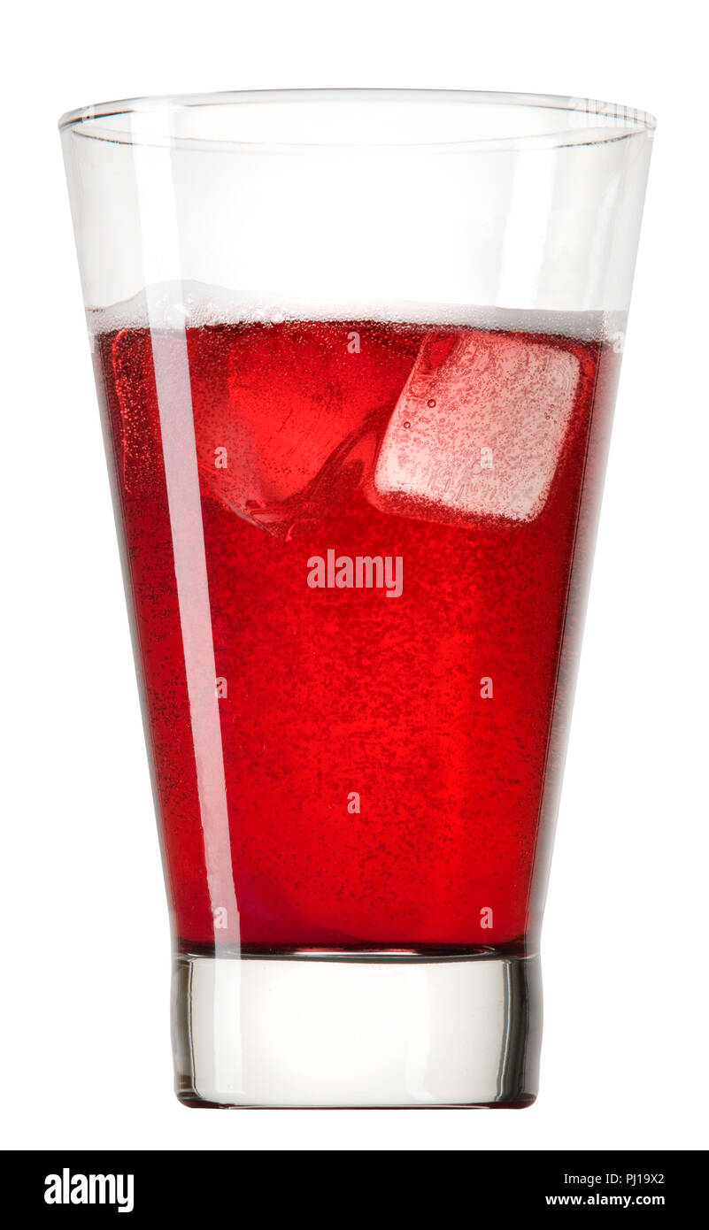 A red drink with ice cubes and bubbles. Stock Photo