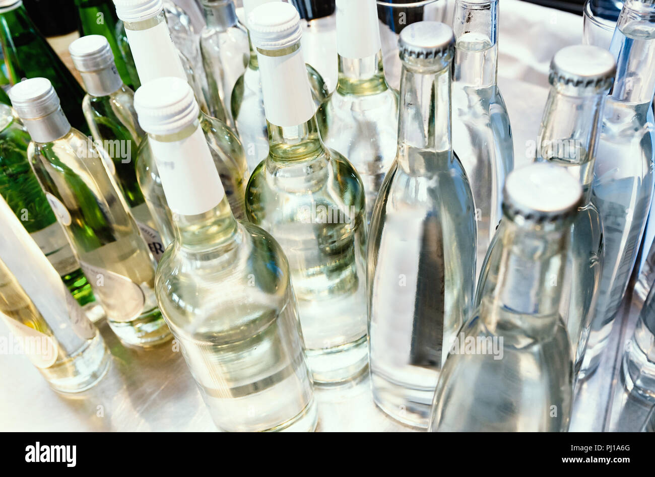 Bottles of Mineral Water in a bar. Stock Photo