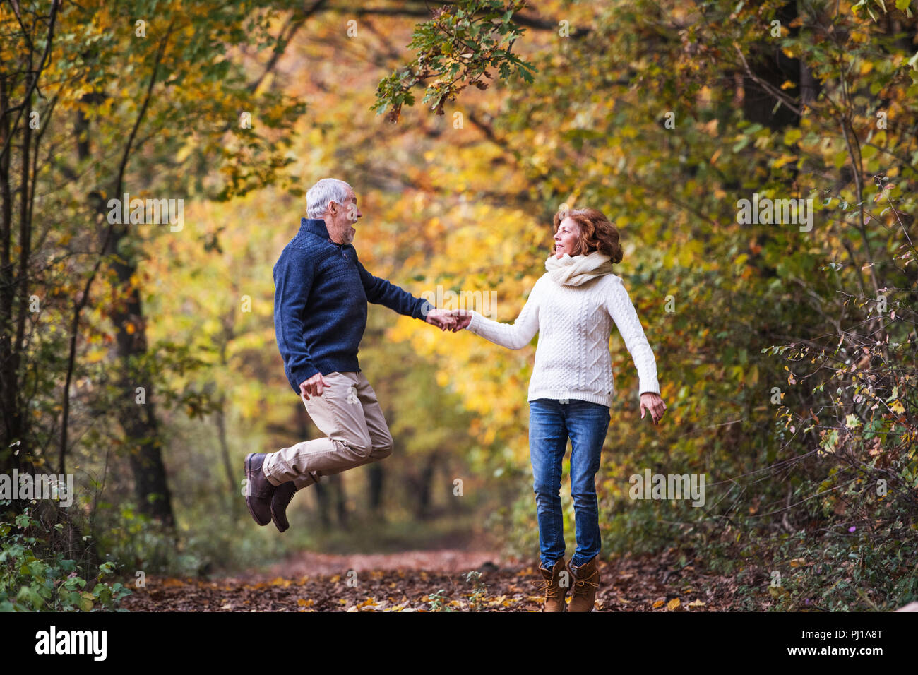 Senior couple in an autumn nature, holding hands and jumping Stock ...