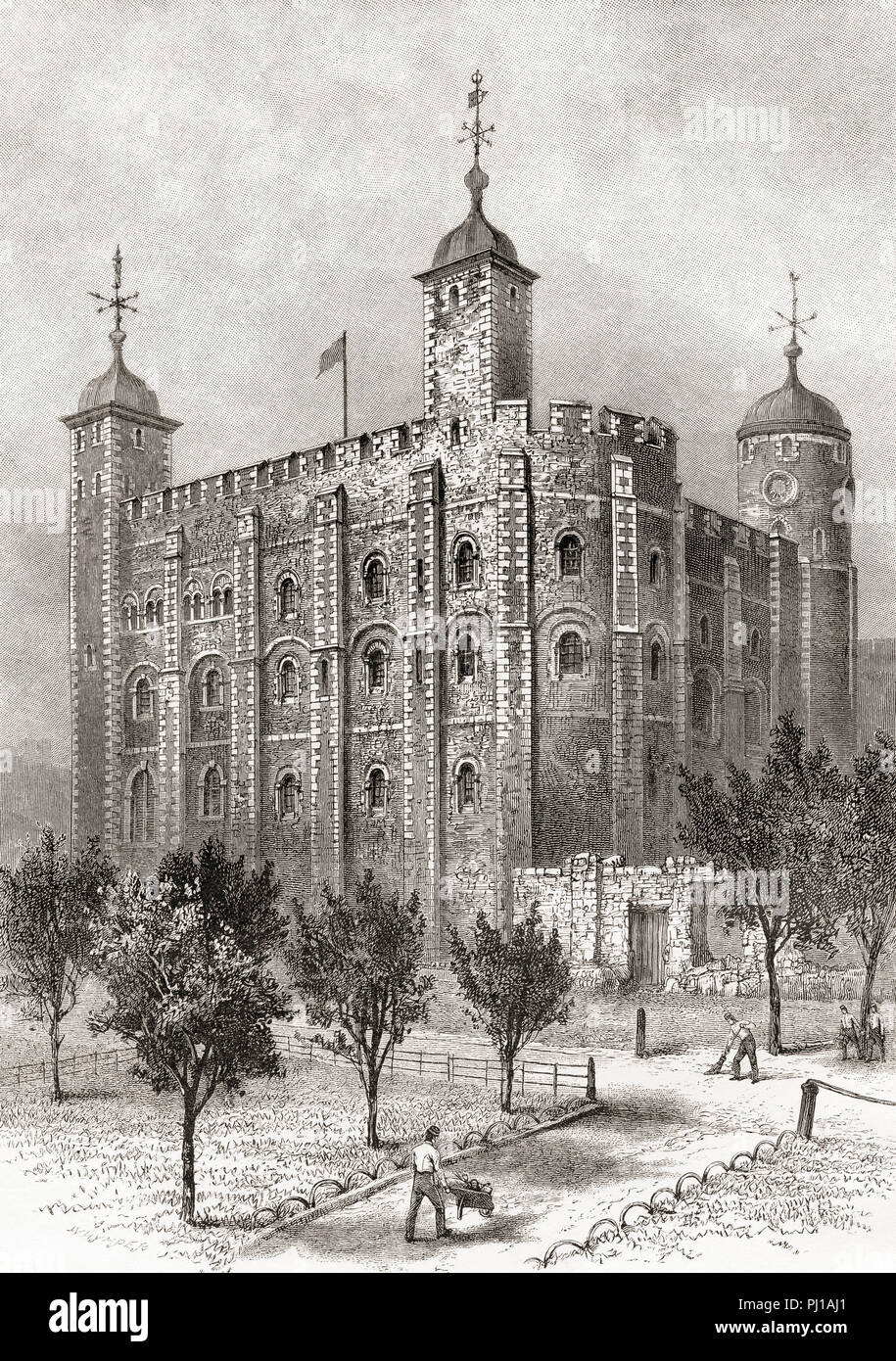 The White Tower seen from the southeast.  The White Tower, a central tower, the old keep, at the Tower of London, England.  From London Pictures, published 1890. Stock Photo