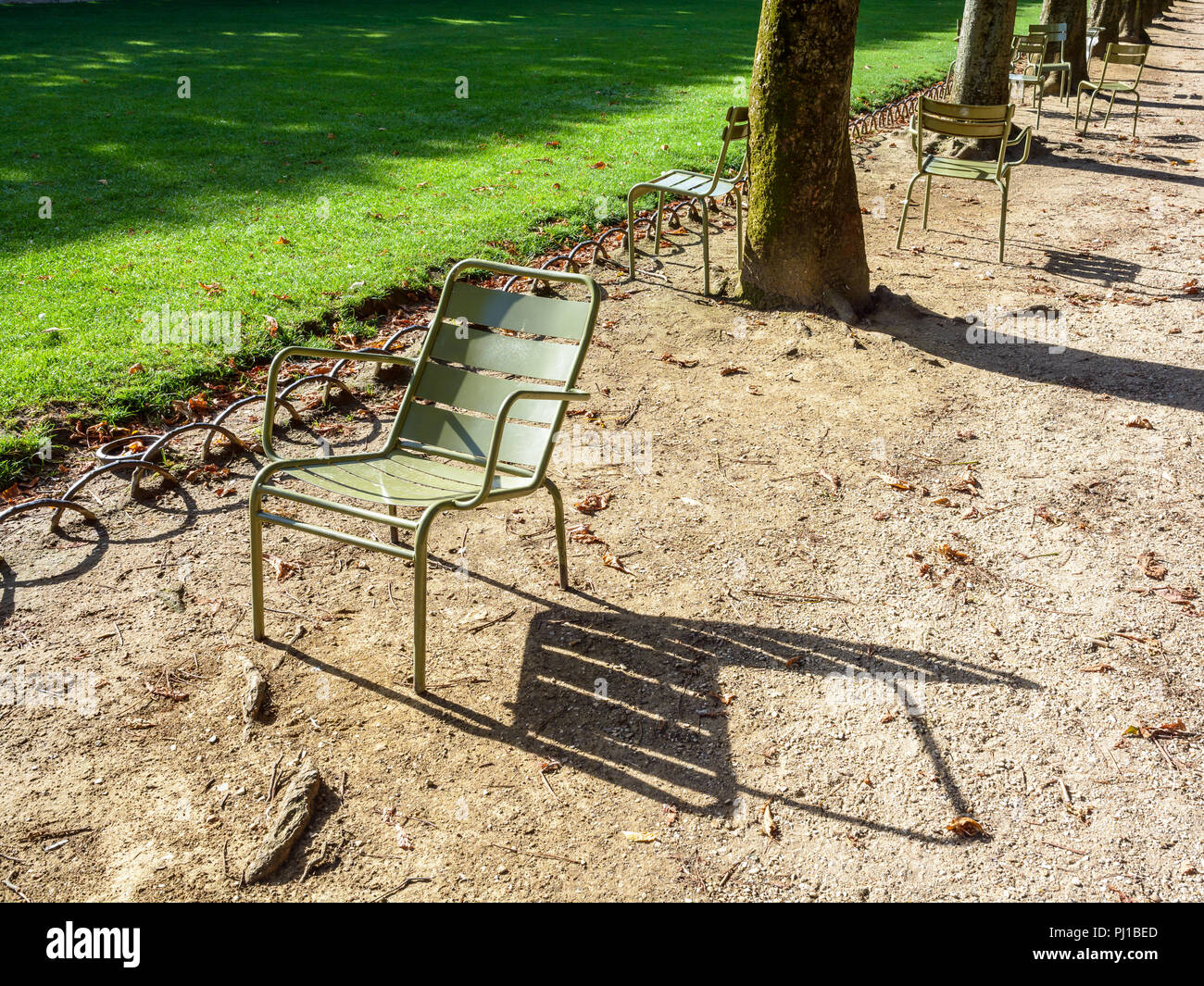 A parisian metal lawn chair with a long shadow by a sunny morning along a lawn square in a tree lined alley of the Luxembourg garden in Paris, France. Stock Photo