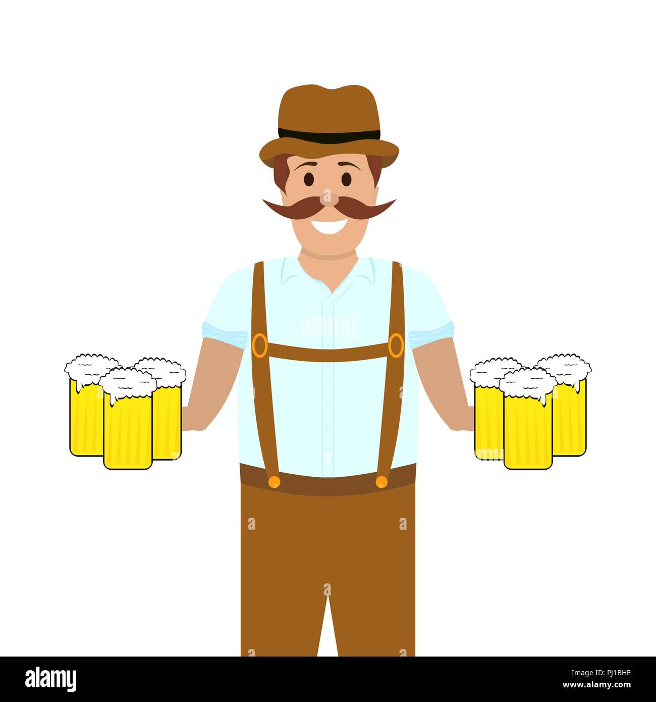 Hilarious man with mugs of beer at hands Stock Vector