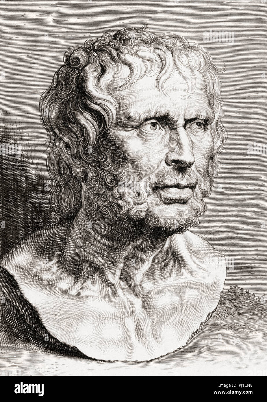 Portrait, taken from an ancient marble, said to be of Roman philosopher Seneca the Younger.  Engraved by Dutch engraver Lucas Vorsterman, 1595-1675, after Peter Paul Rubens, after anonymous.  Modern researchers now believe the marble is of Greek poet Hesiod. Stock Photo