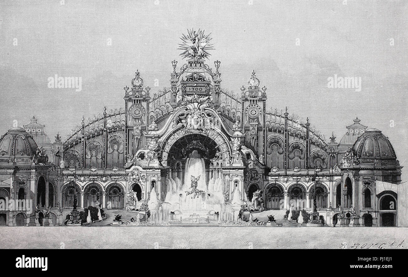 electricity building at the Exposition Universelle of 1900, world's fair, Paris, France, digital improved reproduction of an woodprint from the year 1890 Stock Photo