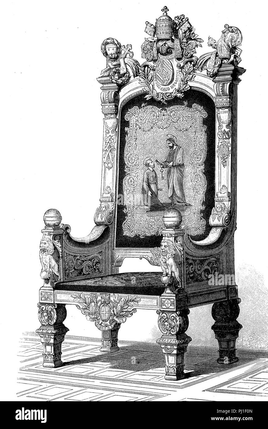 throne for a pope, made by Hippolyte Sauvrezy, Paris, France  , digital improved reproduction of an woodprint from the year 1890 Stock Photo