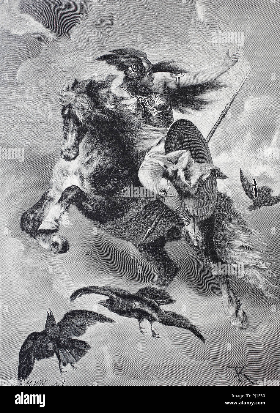 Ride of the Valkyries, Wallkürenritt, 1880, scene from the opera of Richard Wagner Der Ring des Nibelungen, digital improved reproduction of an woodprint from the year 1890 Stock Photo