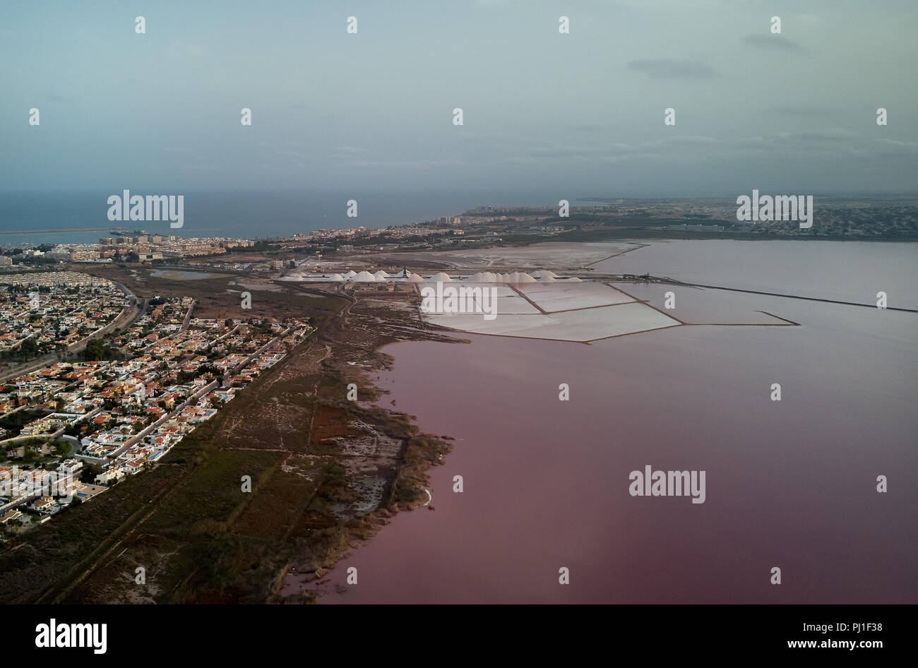 Panoramic aerial view of Torrevieja cityscape and Las Salinas, pink lake at sunset, evening light. Residential houses roofs, townscape and Mediterrane Stock Photo