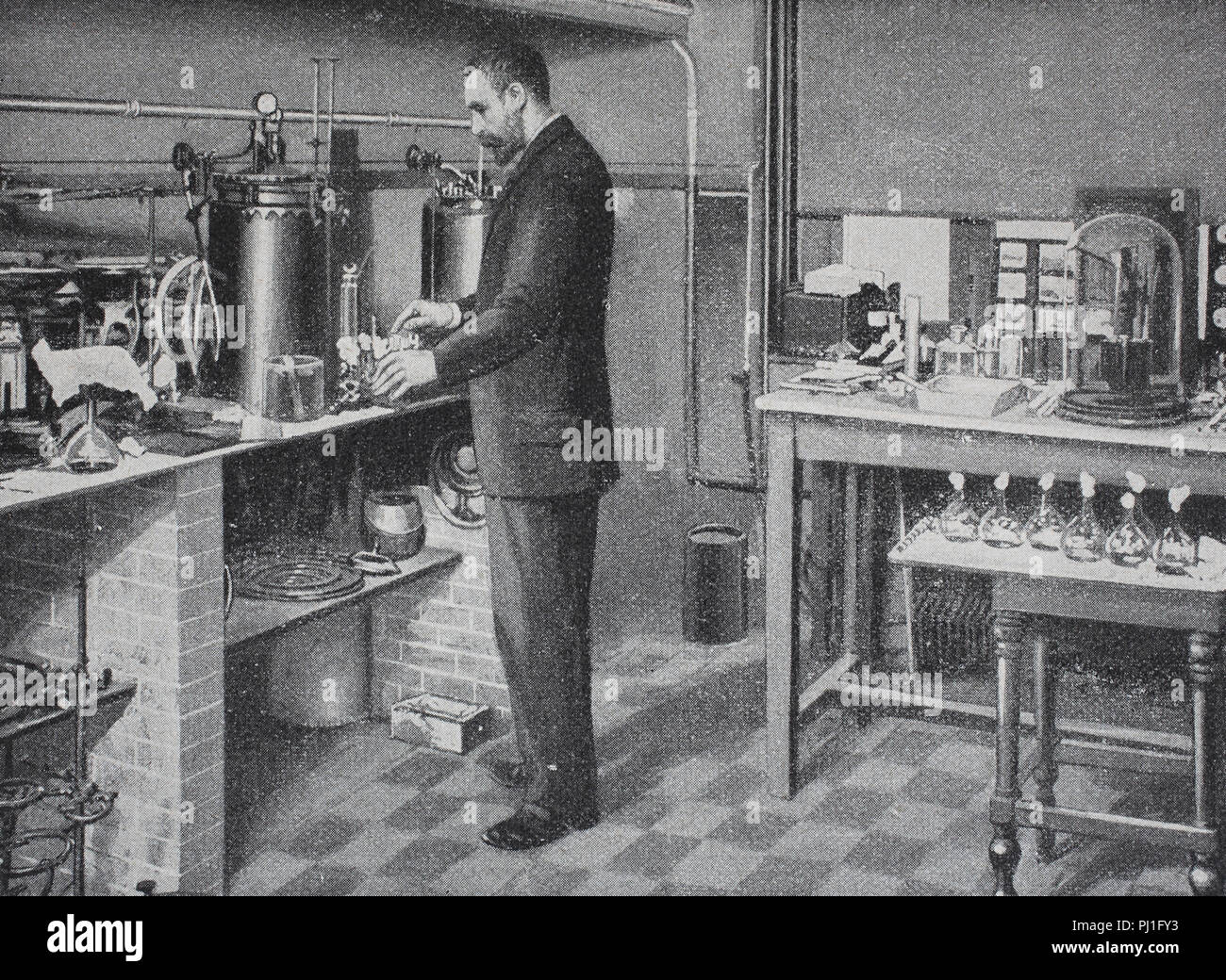 production of Plague vaccine at the Pasteur Institute at Paris, here Emile Roux, France, digital improved reproduction of an woodprint from the year 1890 Stock Photo