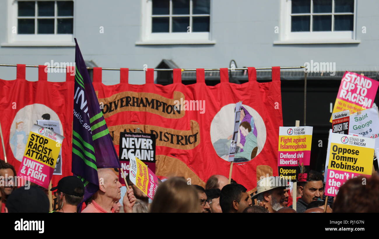 Close up of people holding slogans at an EDL protest in Worcester, UK. Stock Photo