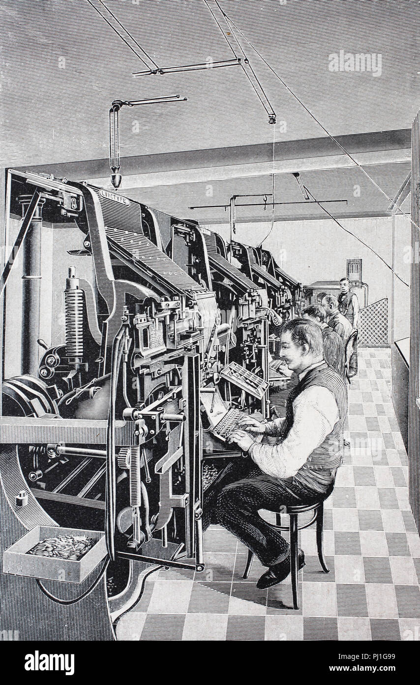 Linotype Simplex machine, 1895, a line casting machine used in printing sold by the Mergenthaler Linotype Company, digital improved reproduction of an woodprint from the year 1890 Stock Photo