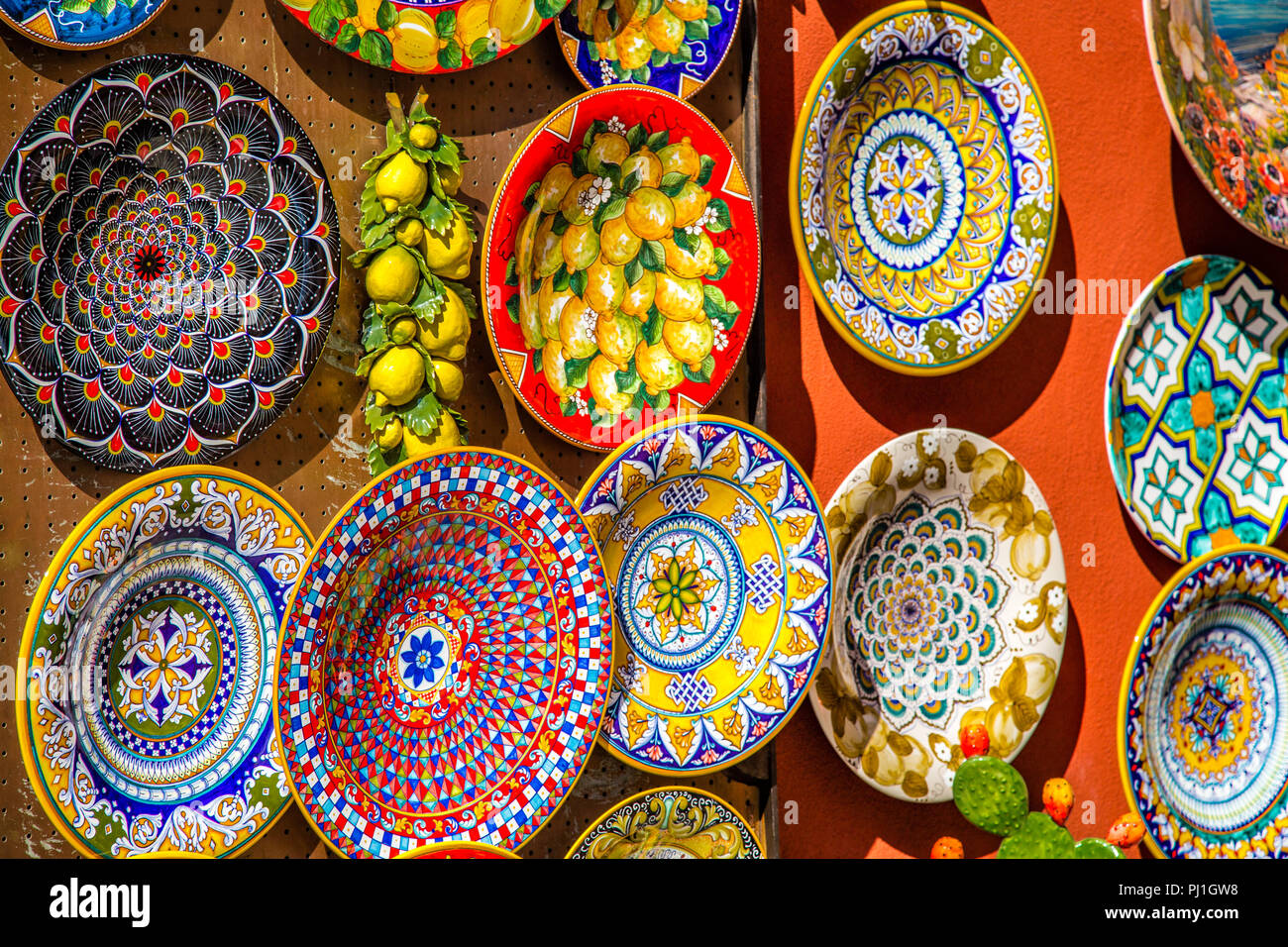 AMALFI (SA), ITALY AUGUST 30, 2018 Amalfi style ceramic plates on