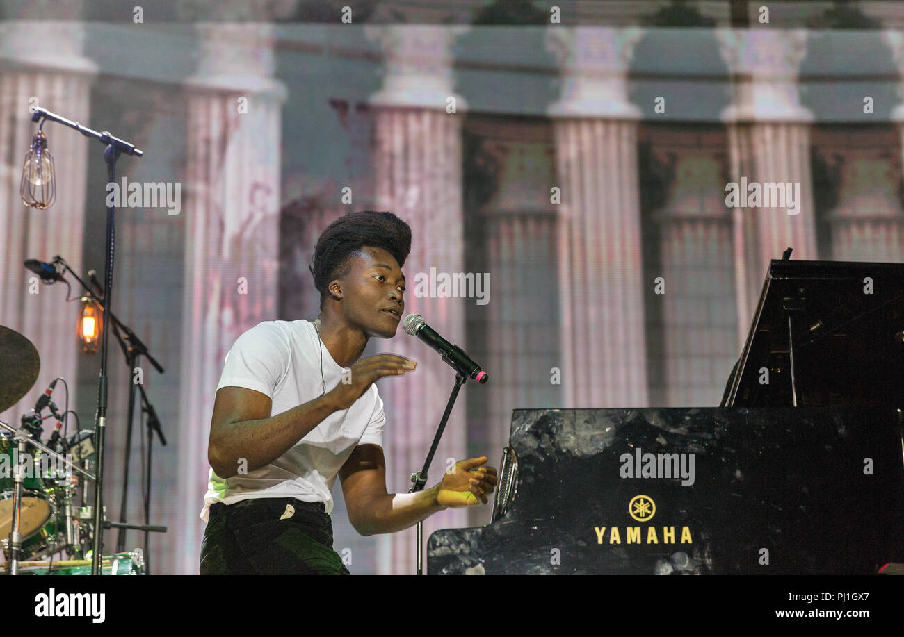 KIEV, UKRAINE - JULY 06, 2018: Benjamin Clementine, English artist, poet, vocalist, composer and musician performs live at the Atlas Weekend Festival  Stock Photo