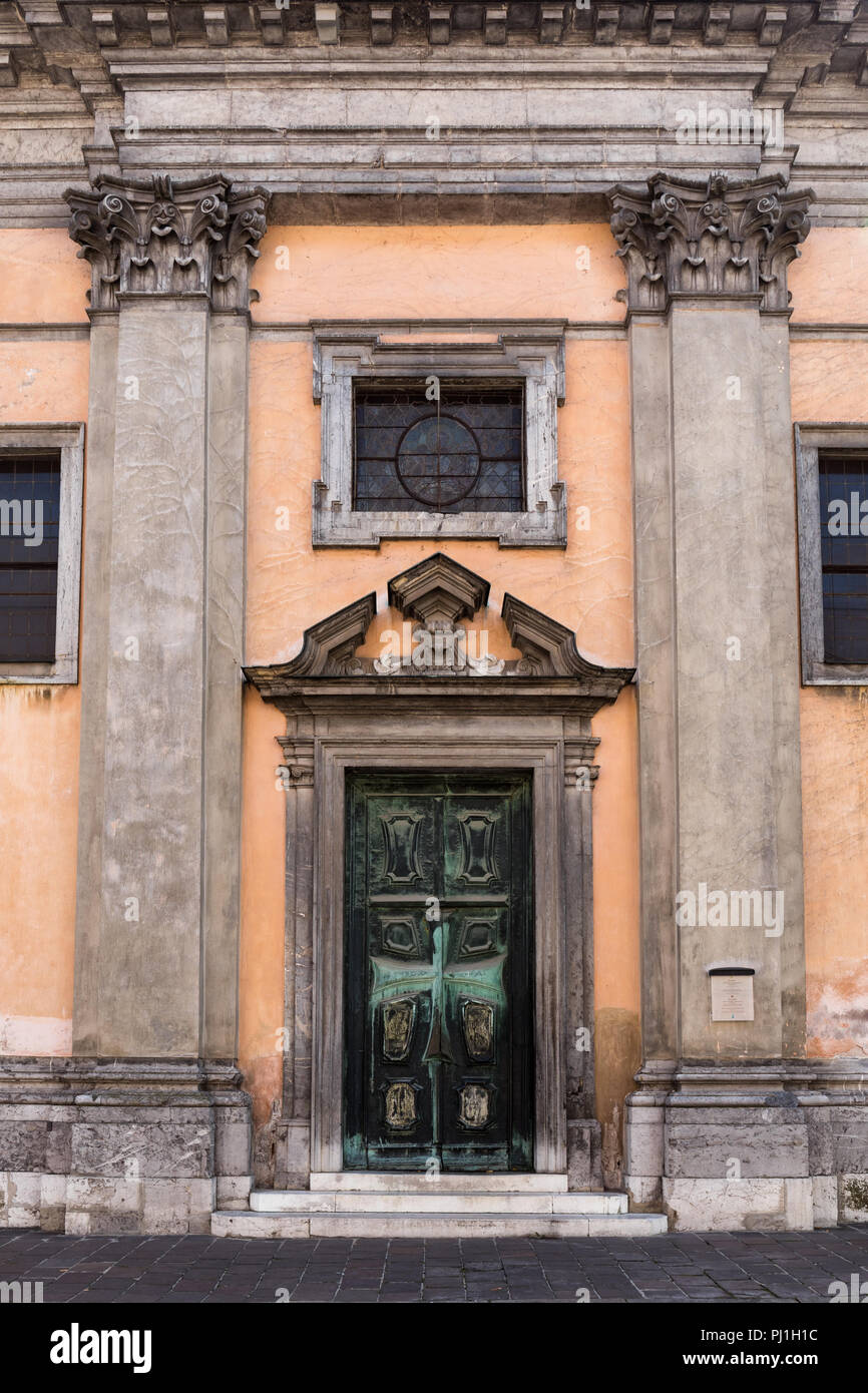 Main portal of the Krizanke Church (Church of Our Lady of Mercy) in Ljubljana, Slovenia Stock Photo