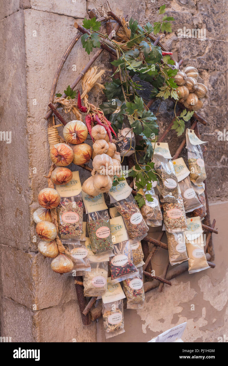 Traditional spices, street in old town, Spoleto, Perugia, Umbria, Italy Stock Photo