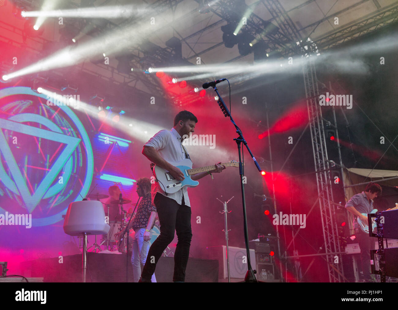 KIEV, UKRAINE - JULY 08, 2018: Enter Shikari, a British alternative post hardcore rock band and Rory Clewlow, lead guitarist performs live at Atlas We Stock Photo