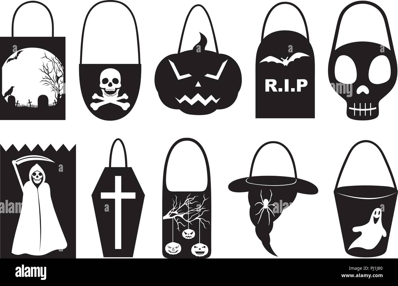 Set of different Halloween trick or treat bags isolated on white Stock Vector