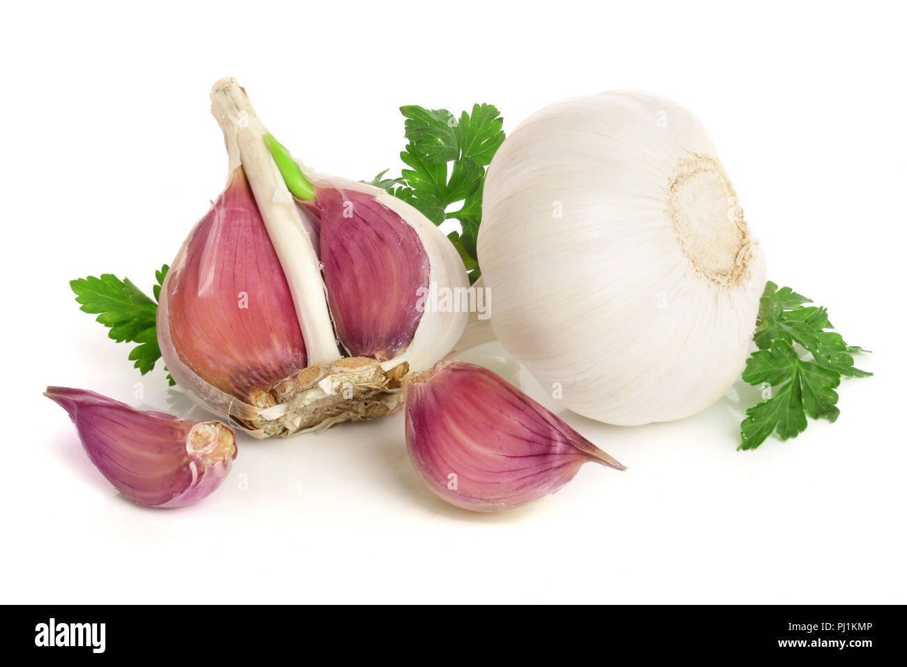 garlic with parsley leaf isolated on white background Stock Photo - Alamy