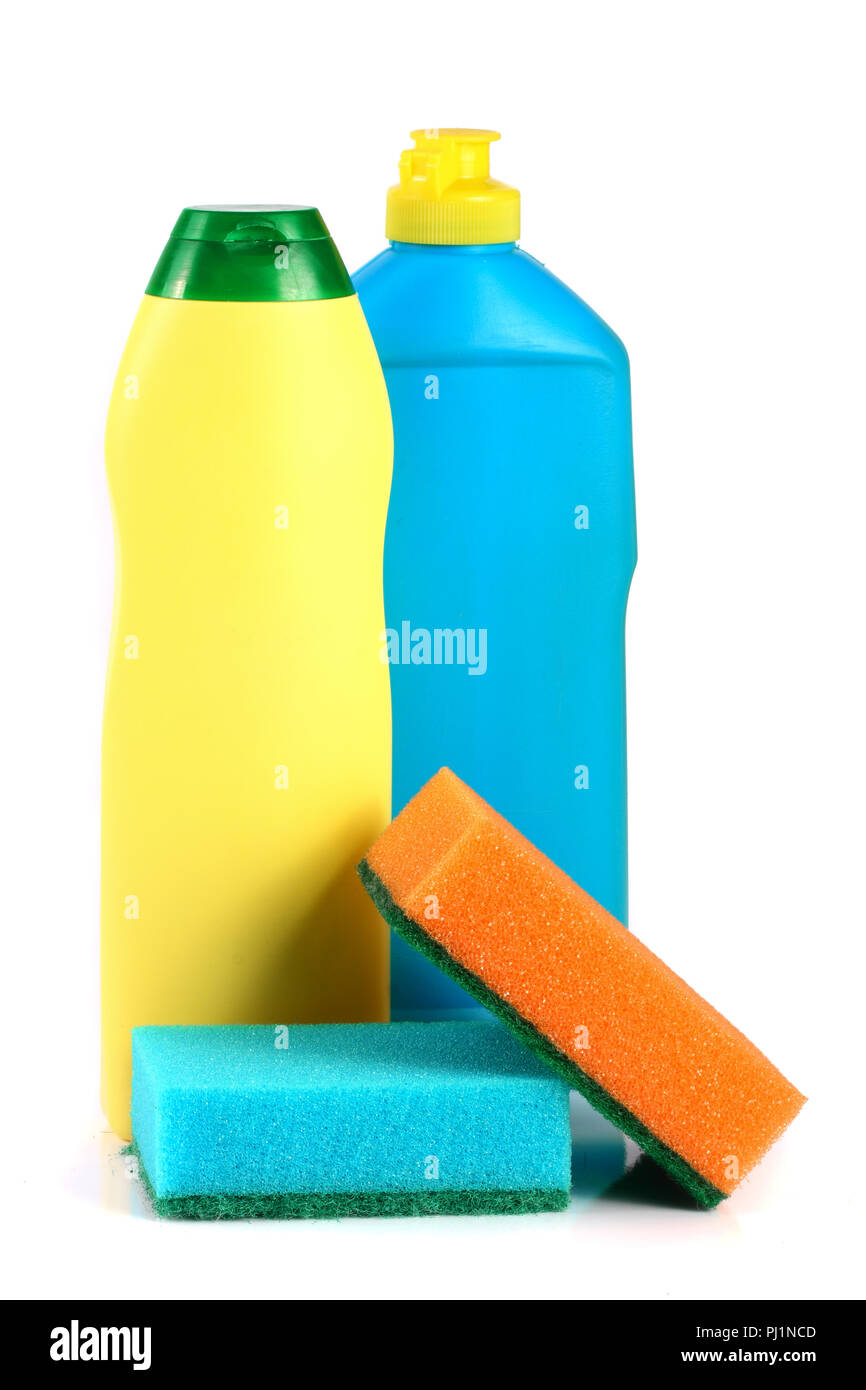 dishwashing detergent with sponge isolated on white background Stock