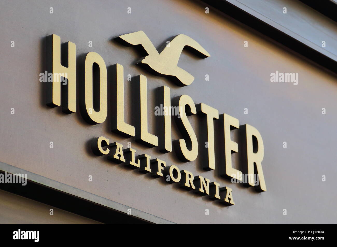 Signage above a Hollister Retail Outlet in Regent Street, London, UK Stock Photo