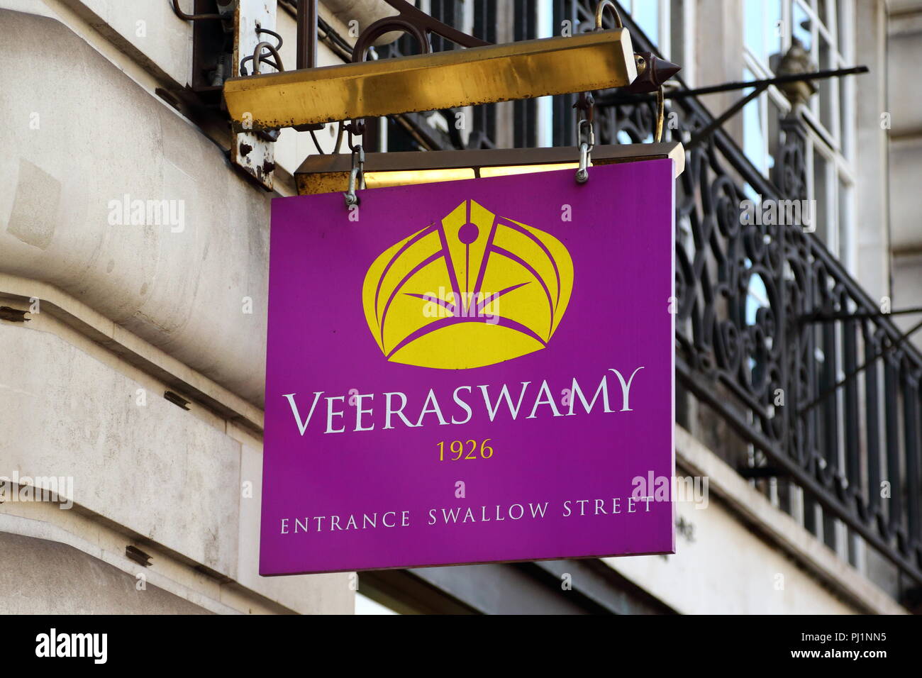Sign above the oldest Indian Restaurant Veeraswamy in the UK in Regent Street, London, UK Stock Photo