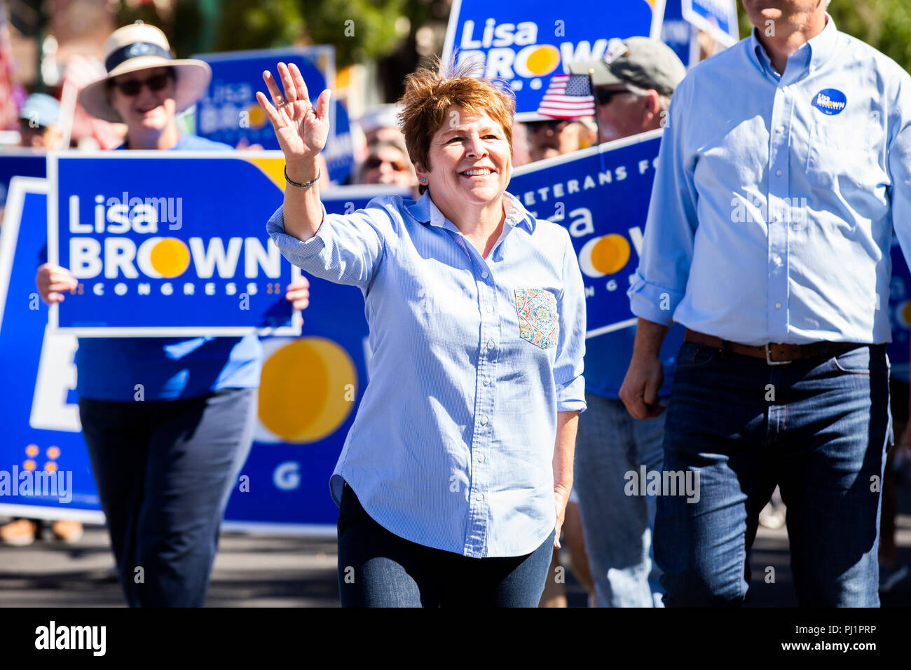 Lisa Brown, a Democratic candidate running to represent Washington's 5th Congressional District, marches with her supporters in the annual Frontier Da Stock Photo