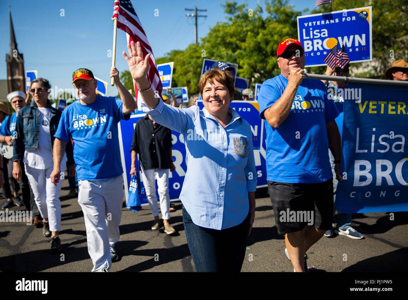 Lisa Brown, a Democratic candidate running to represent Washington's 5th Congressional District, marches with her supporters in the annual Frontier Da Stock Photo