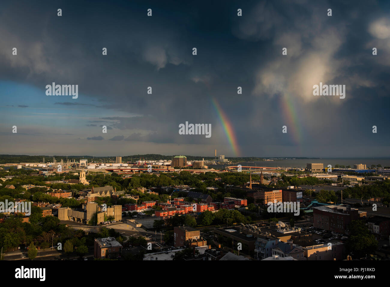 Ariel view of thunderstorm with double rainbow, New Haven, Ct, USA Stock Photo