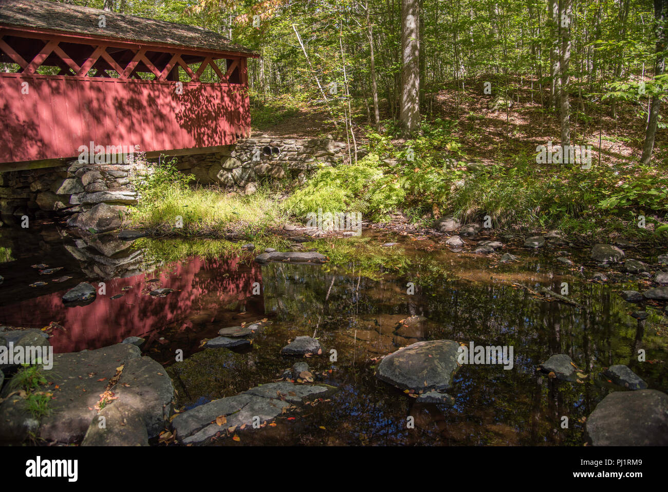 Red Bridge Refected in Brook in Fall, Connecticut Stock Photo