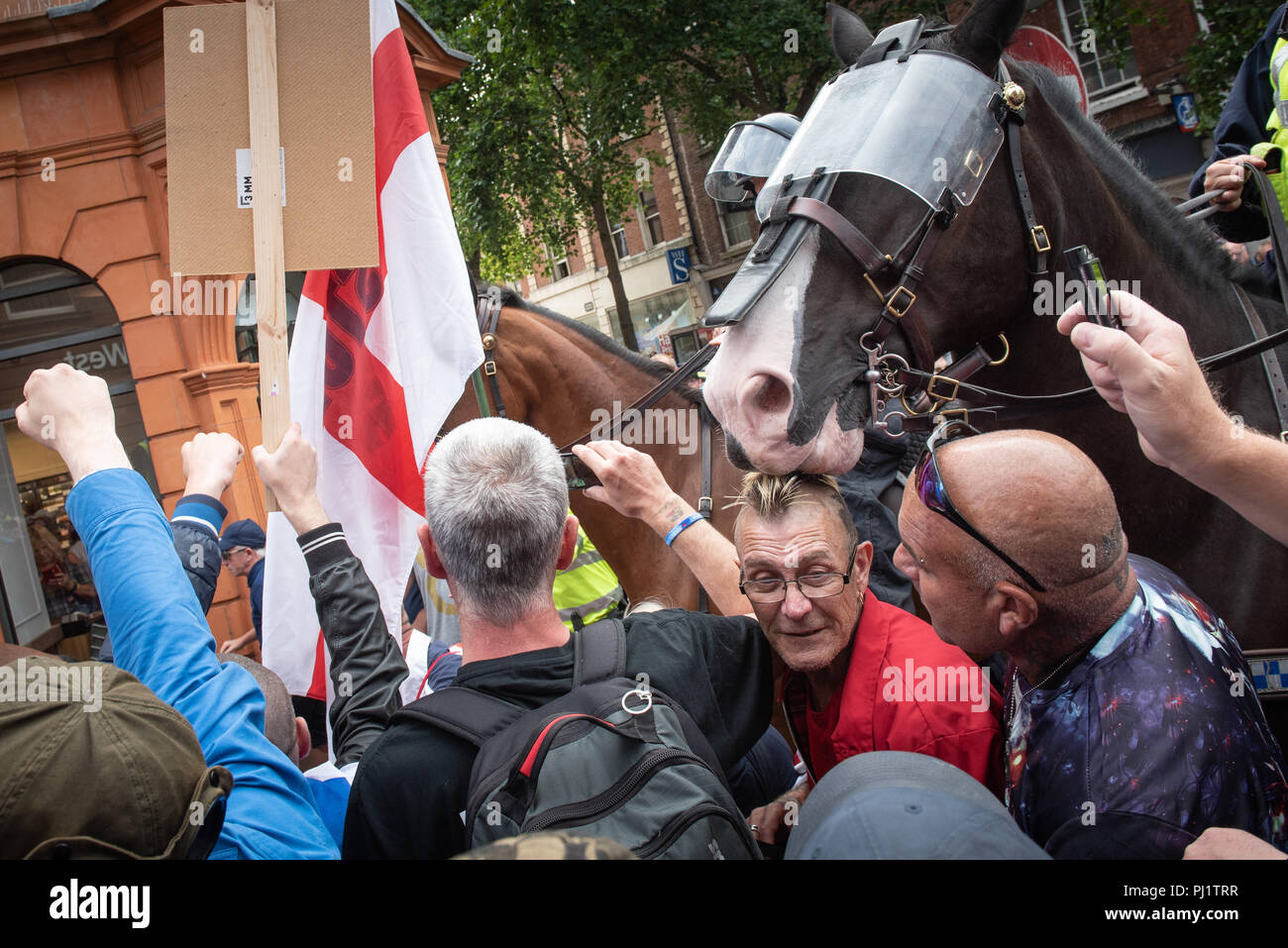 Worcester, Worcestershire, UK. 1st September 2018.  Up to 150 English Defence League supporters take to the streets of Worcester for the second time i Stock Photo