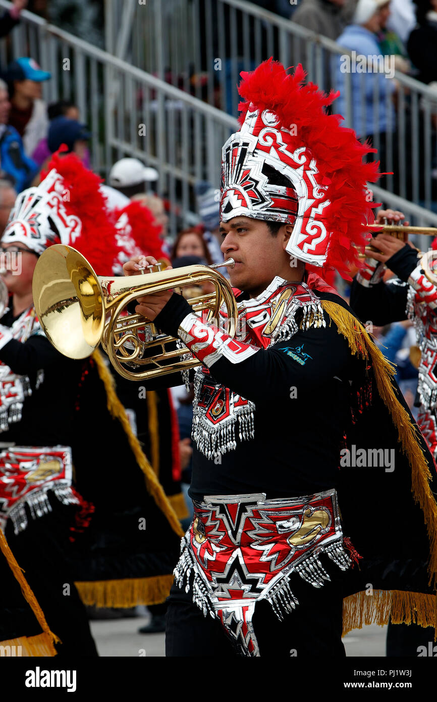 Musician in a marching band on the route of the 2017 Tournament of