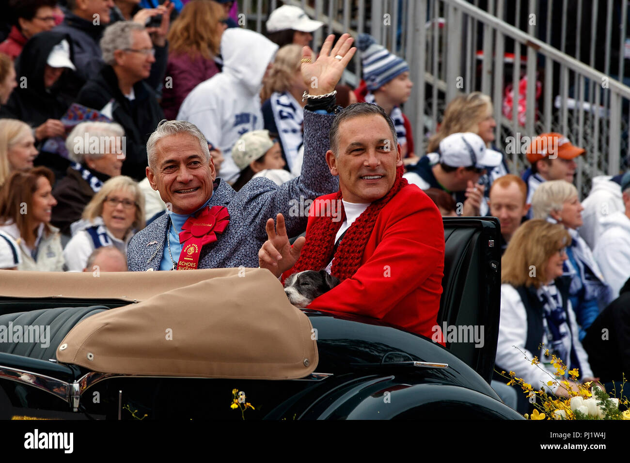 Greg Louganis and his husband Johnny Chaillot on the parade route of the 2017 Tournament of Roses Parade, Rose Parade, Pasadena, California, United States of America Stock Photo