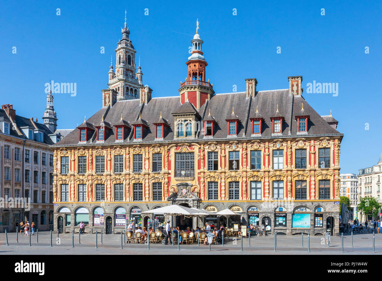 La Vielle Bourse de Lille, originally the Chamber of Commerce building, situated in Grand Place near to Place du general de Gaulle, now housing cafes, Stock Photo