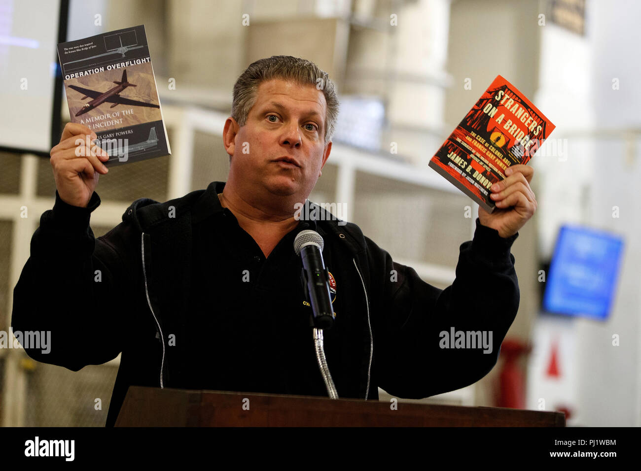 Francis Gary Powers, Jr. speaks at the USS Hornet Museum, Alameda, California, United States of America Stock Photo