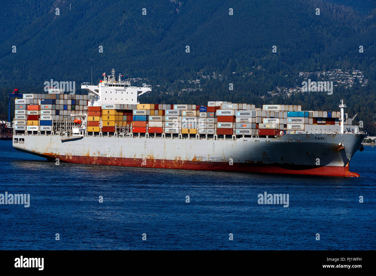 Container ship Paxi, Vancouver Harbor, Vancouver, British Columbia, Canada Stock Photo