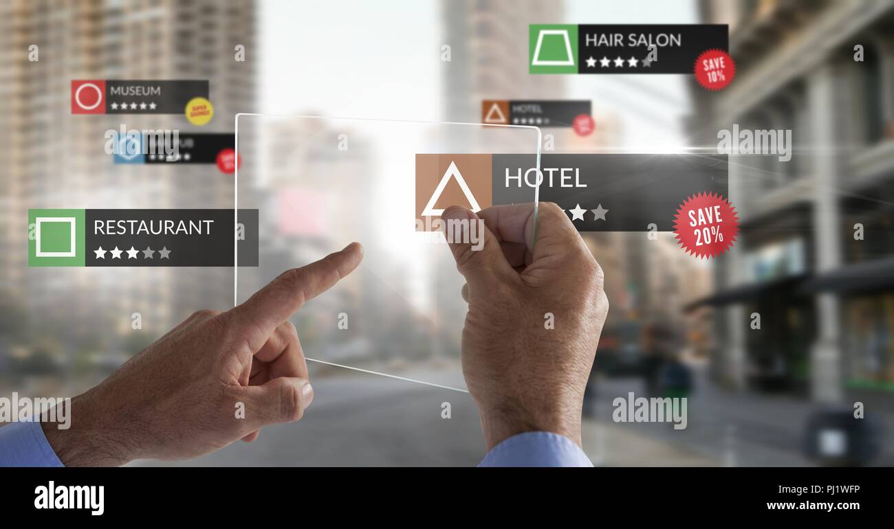 App review locations in augmented reality with city background Stock