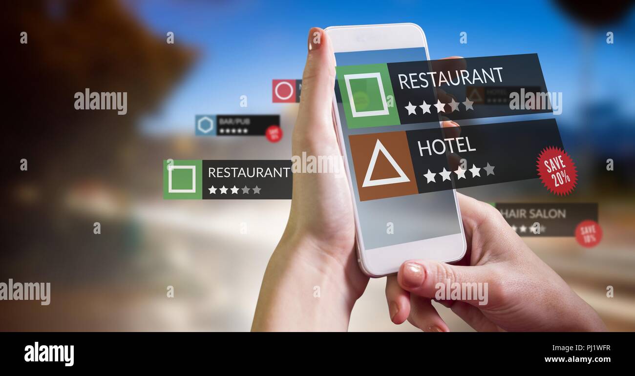 App review locations in augmented reality with road and sky Stock Photo