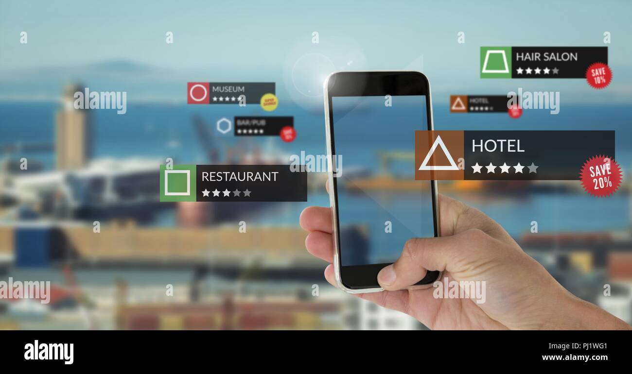 App review locations in augmented reality with city port Stock Photo
