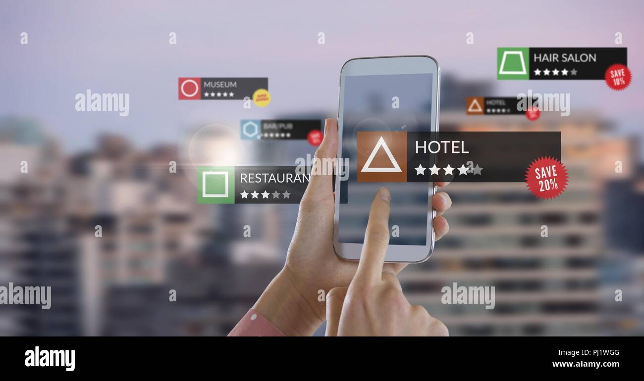 App review locations in augmented reality with city Stock Photo Alamy