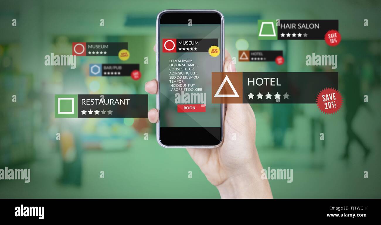 App review locations in augmented reality with shopping mall Stock