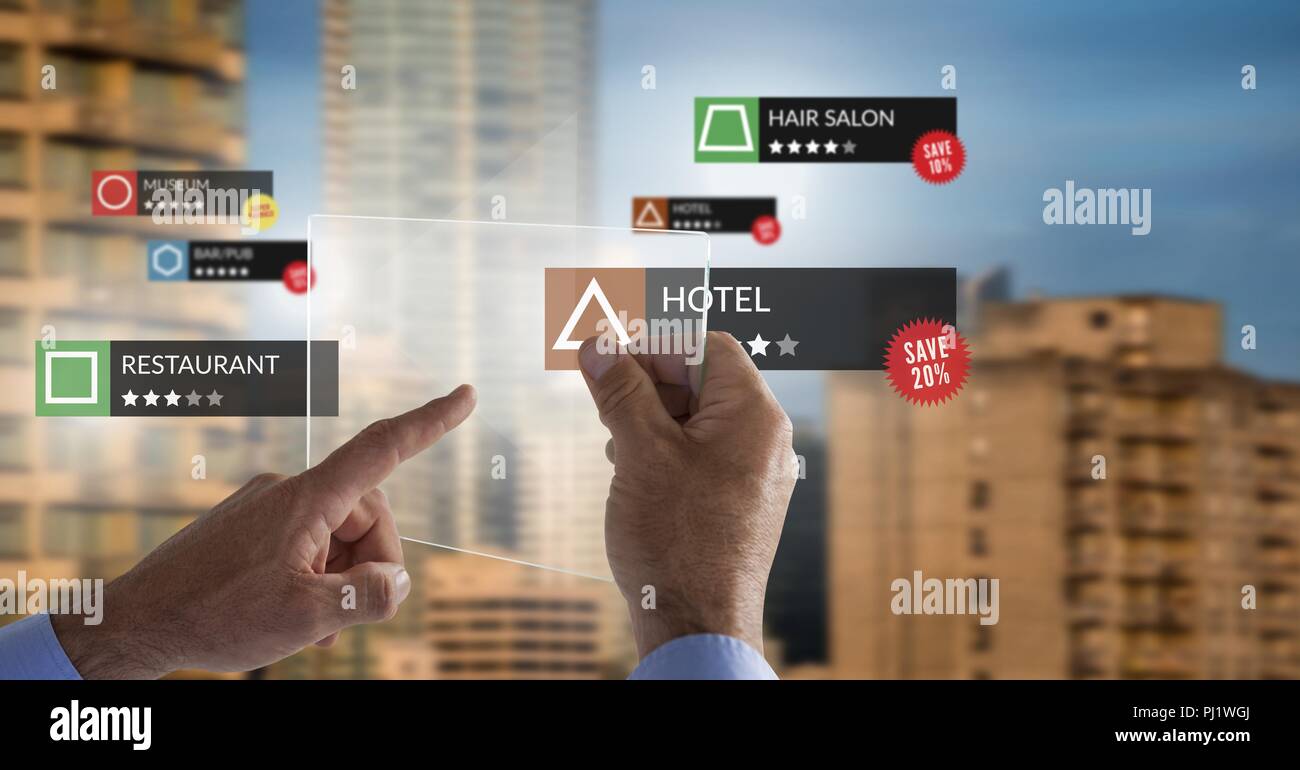 App review locations in augmented reality with city buildings Stock