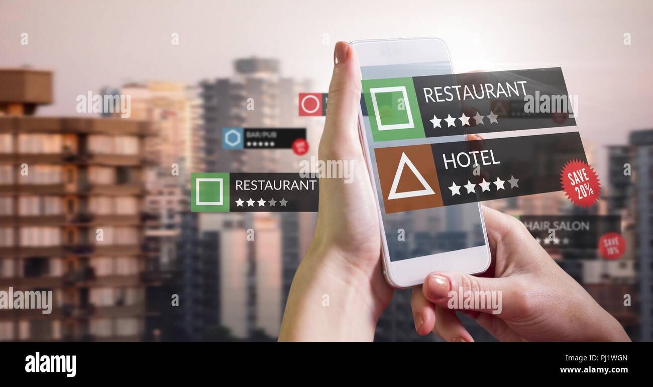 App review locations in augmented reality with city buildings Stock