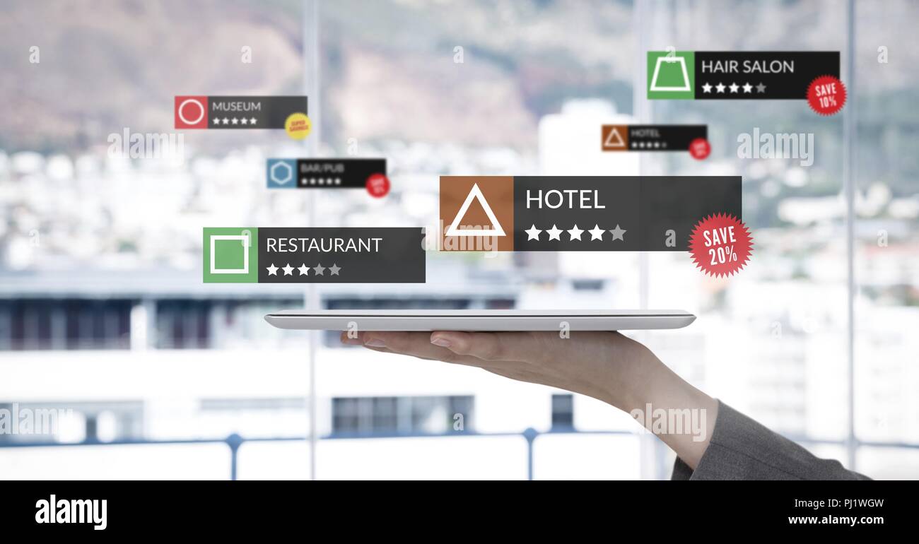 App review locations in augmented reality with city window Stock Photo
