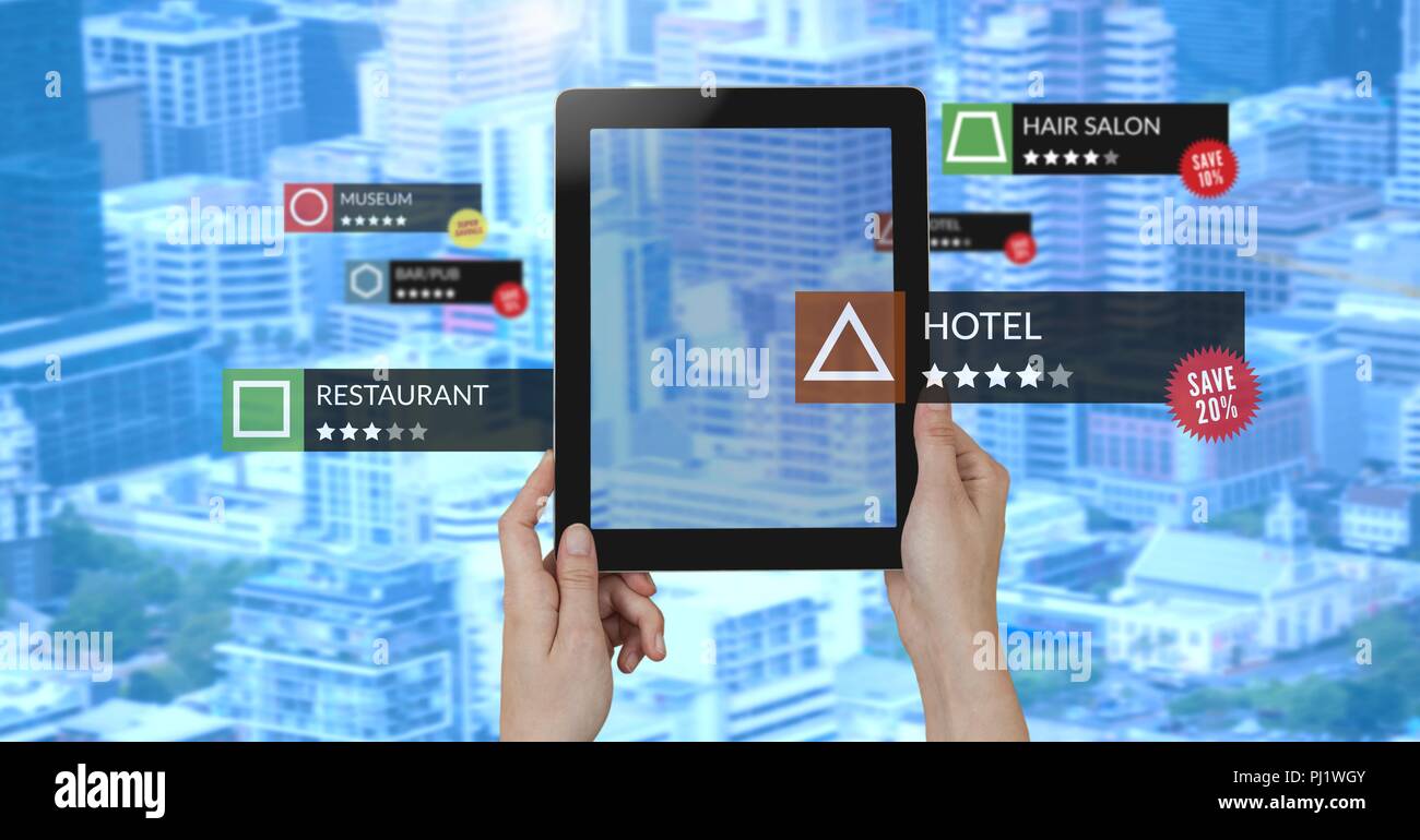 App review locations in augmented reality with city buildings Stock