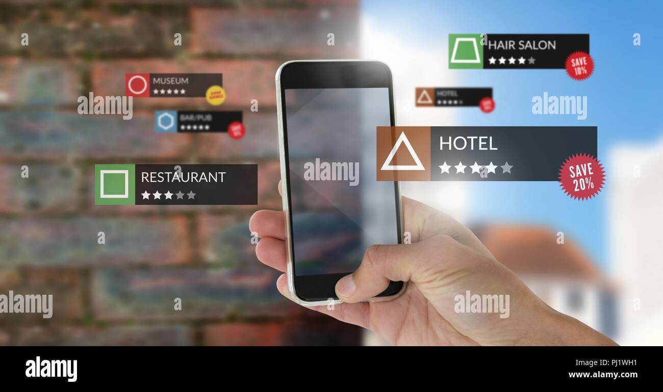 App review locations in augmented reality with street wall Stock Photo