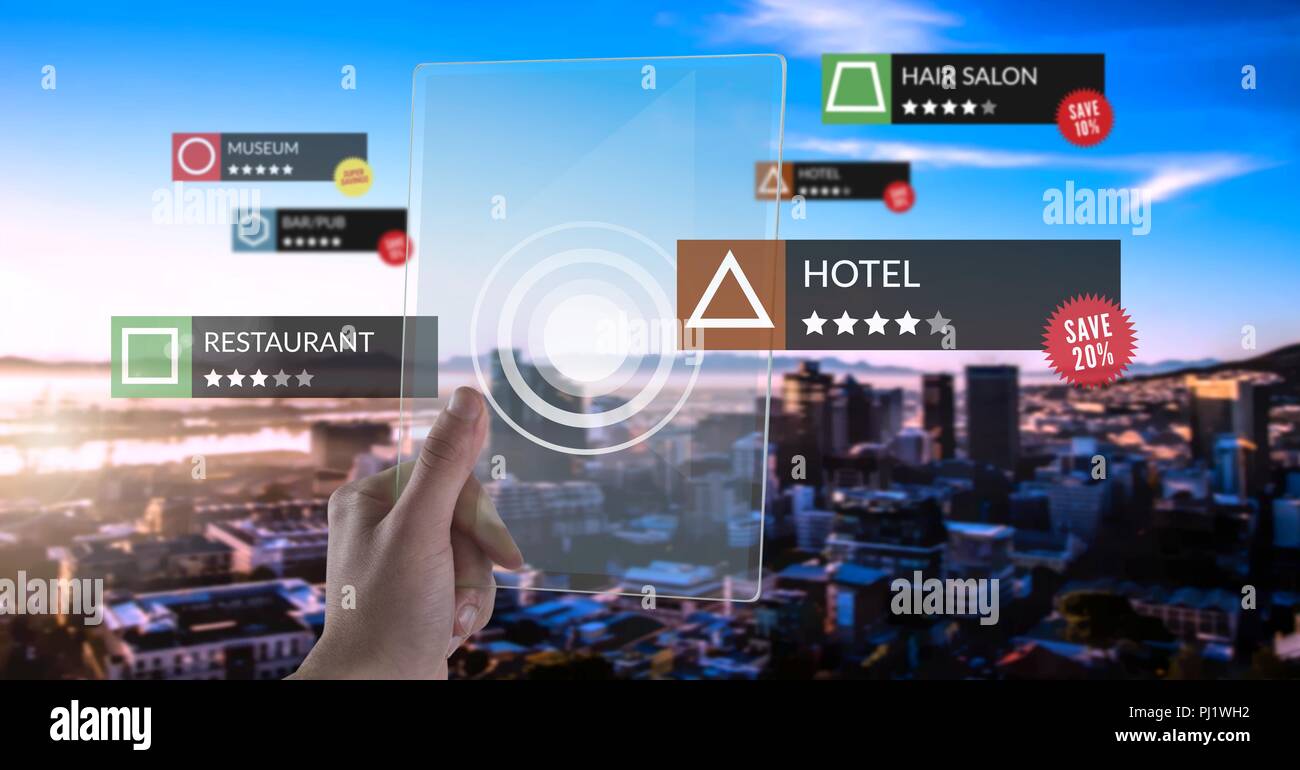 App review locations in augmented reality with city Stock Photo Alamy