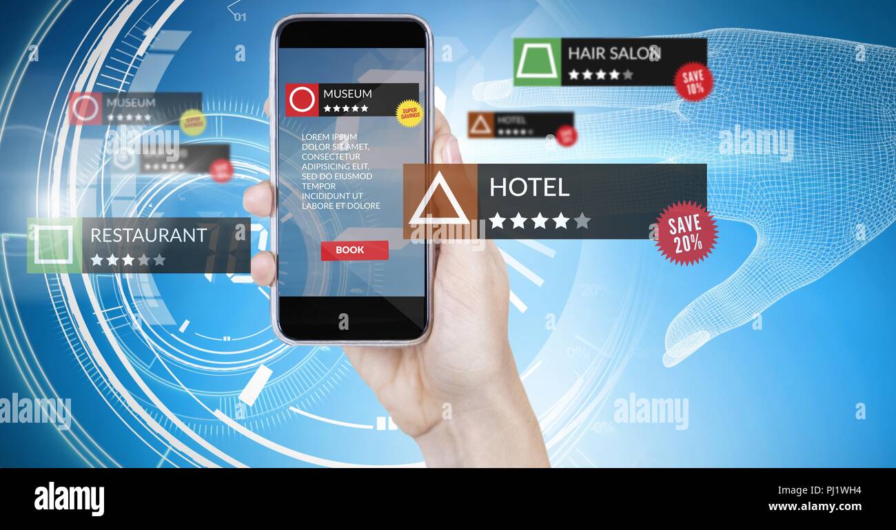 App review locations in augmented reality with technology background